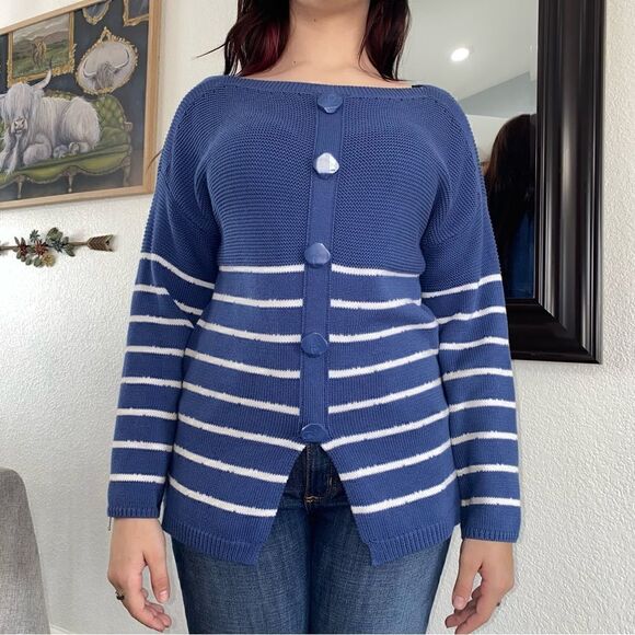 Marble Womens Striped Boat Neck Long Sleeve Button Front Cardigan Sweater Blue L - Picture 1 of 11